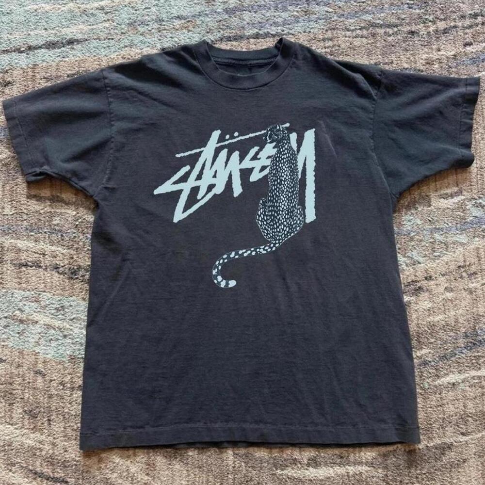 Gildan Men Black T-Shirt Stussy Black & White Cheetah Tee